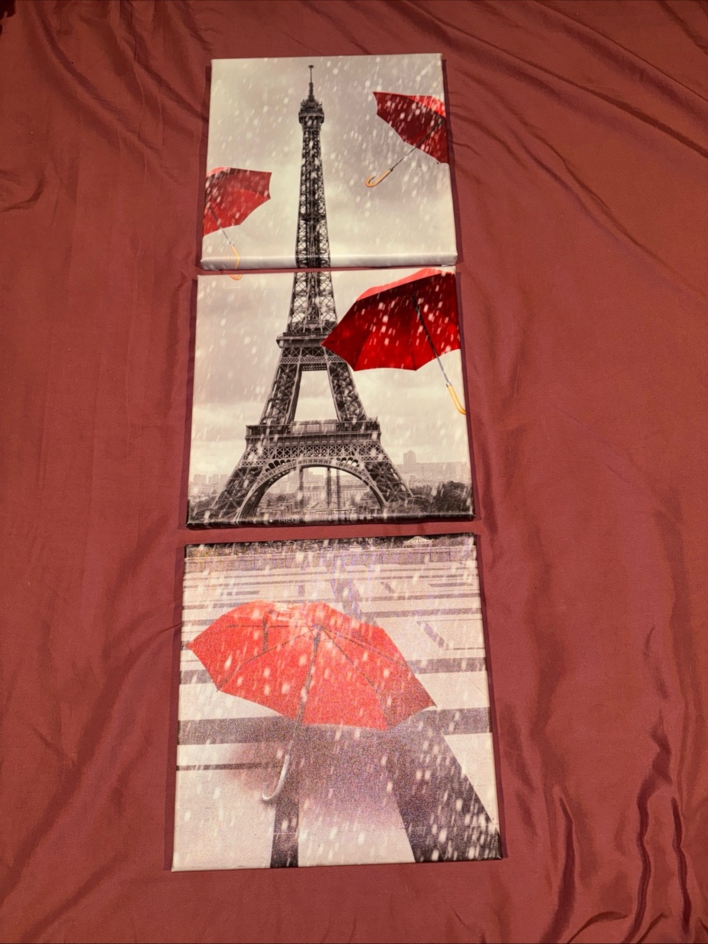 Red Umbrella Eiffel Tower Triptych Wall Art Canvas